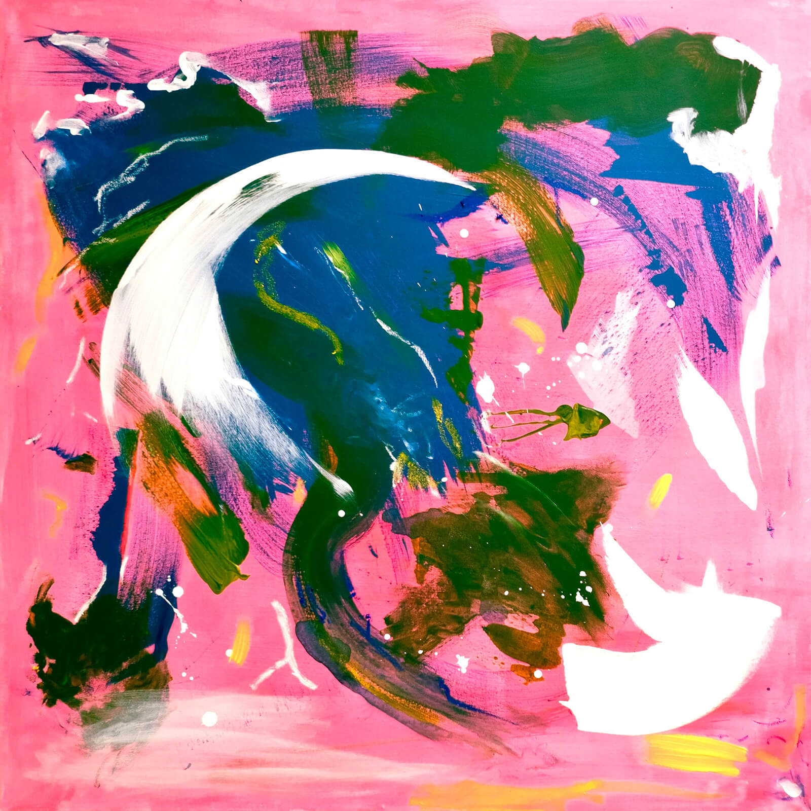 A bright pink canvas with mutliple colours on top. A big blue section occupies the top left to centre and white splashes adorn the canvas. On top of this, yellow oil markers mark out little routes of joy.