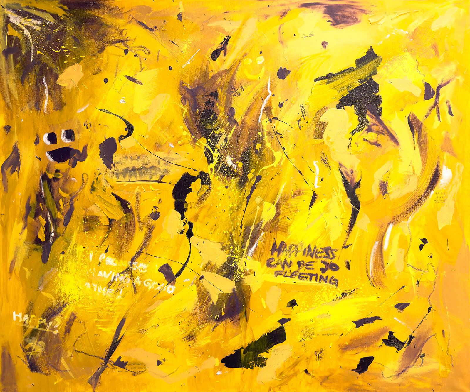 An expression of joy on a yellow canvas with splashes of purple indicating doubt that the joy will stay.
