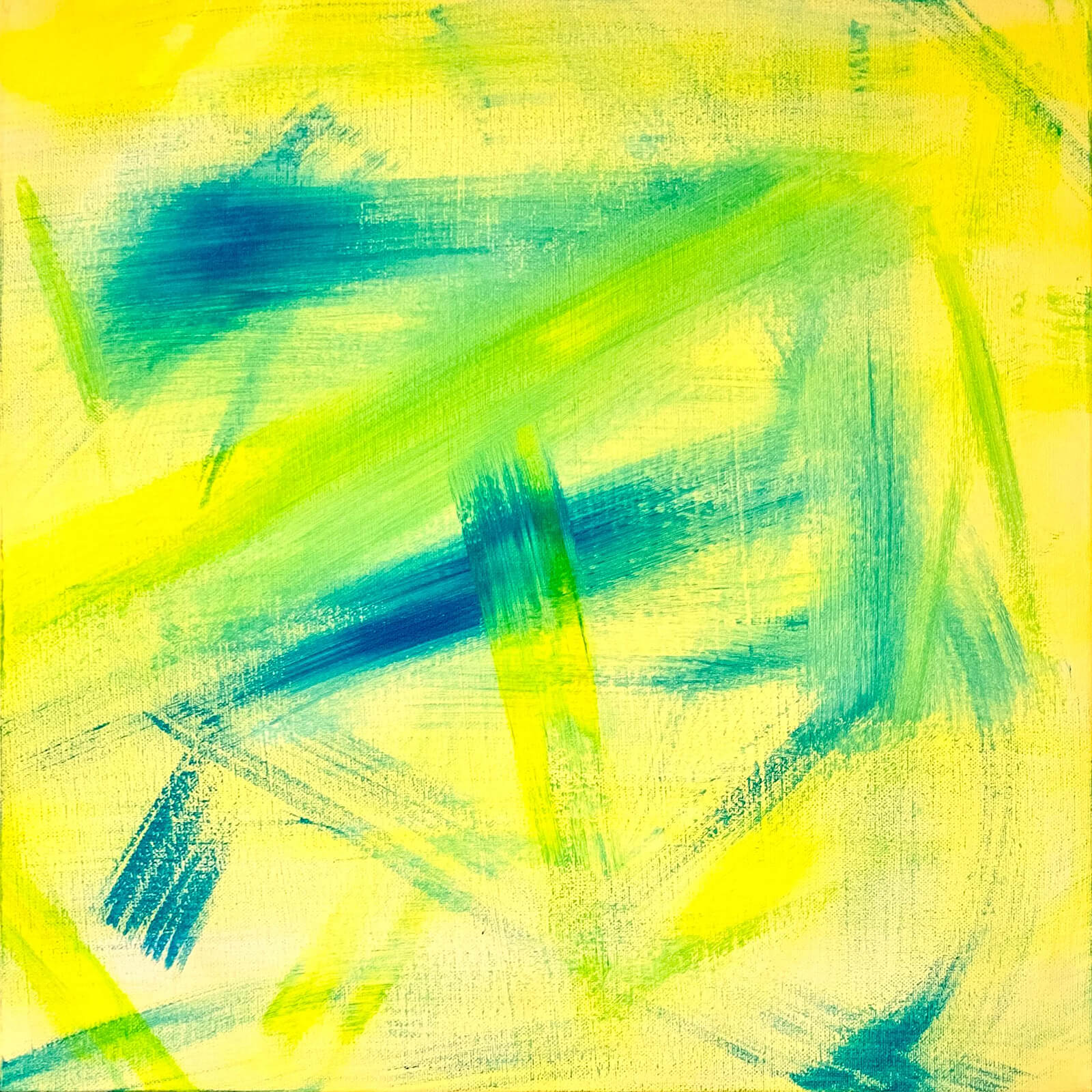 A bright yellow canvas, with neon green and blue markings on top.